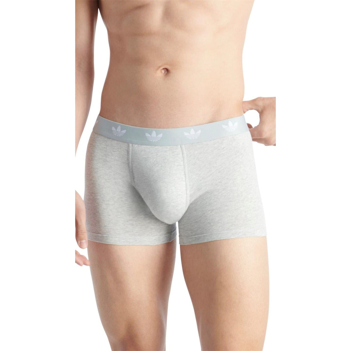 Men's light grey adidas logo boxer trunks, front view, elastic waistband