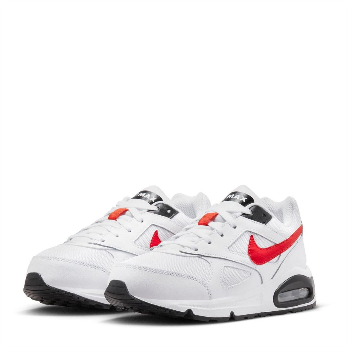 White trainers with red Swooshes and black heel accents, lace-up style