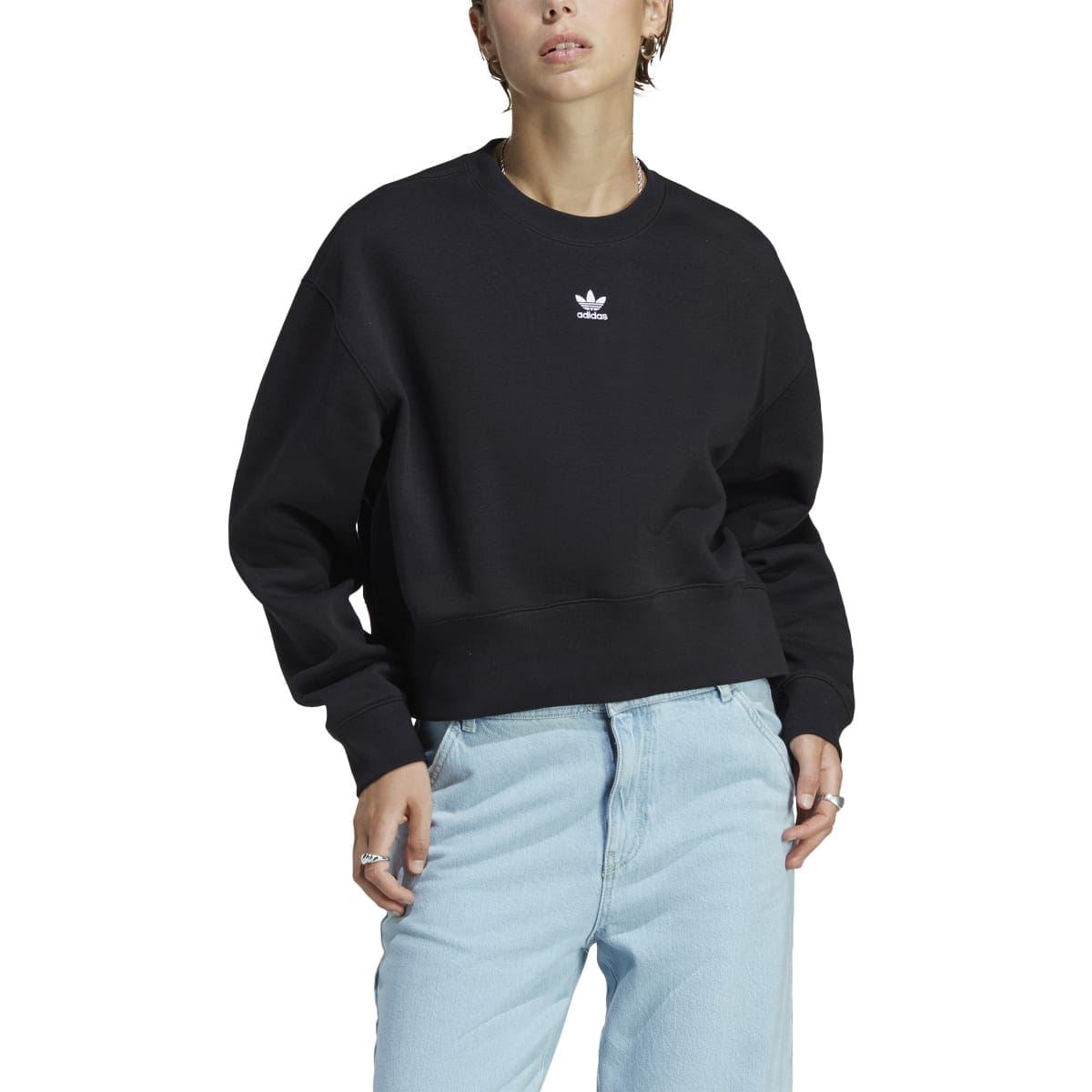 Black crewneck sweatshirt with adidas Trefoil logo; ribbed cuffs and hem