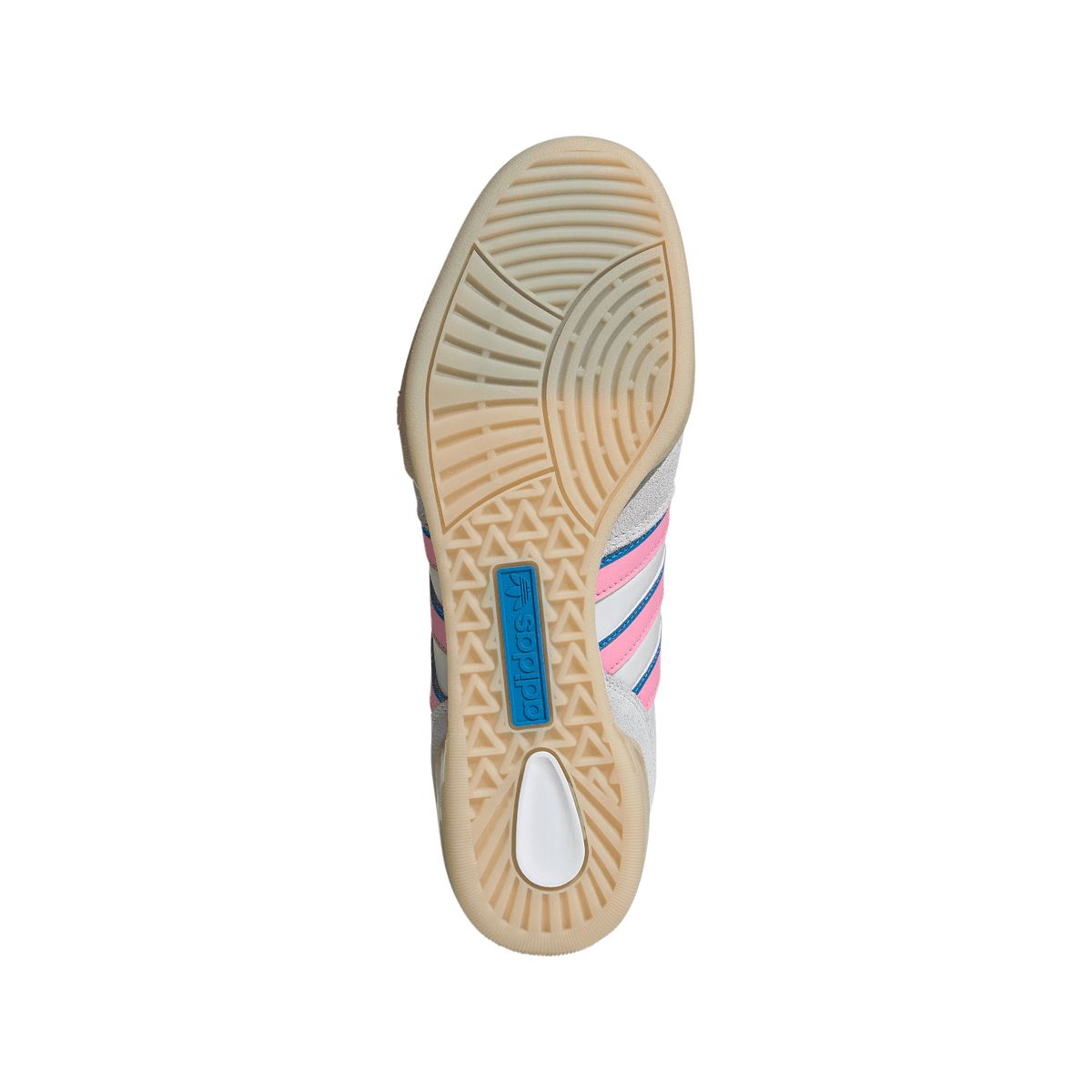 adidas Originals indoor sneaker outsole view with textured gum tread and striped edge
