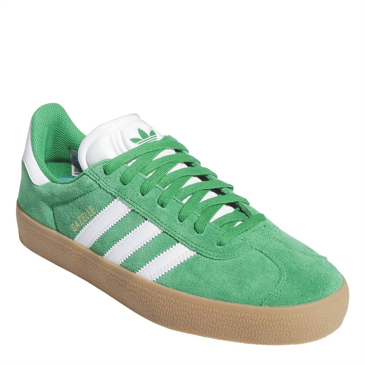 adidas Originals Gazelle ADV trainers in classic suede with white rubber sole, featuring subtle branding and stylish design.