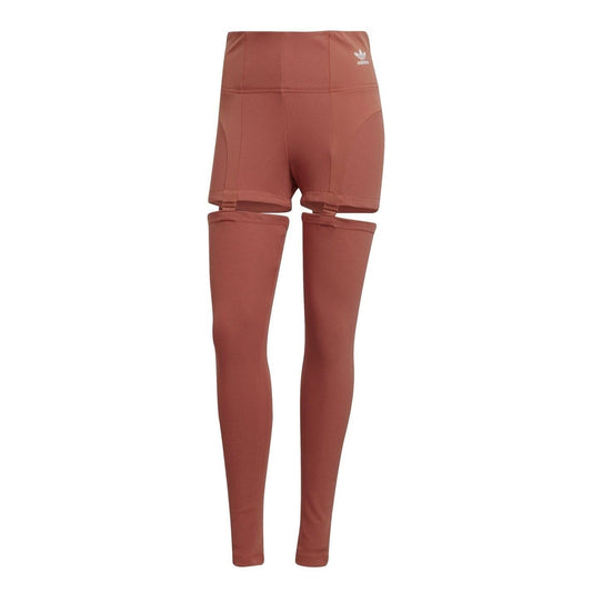 Brown ribbed high-rise leggings with shorts overlay and stitched knee panels