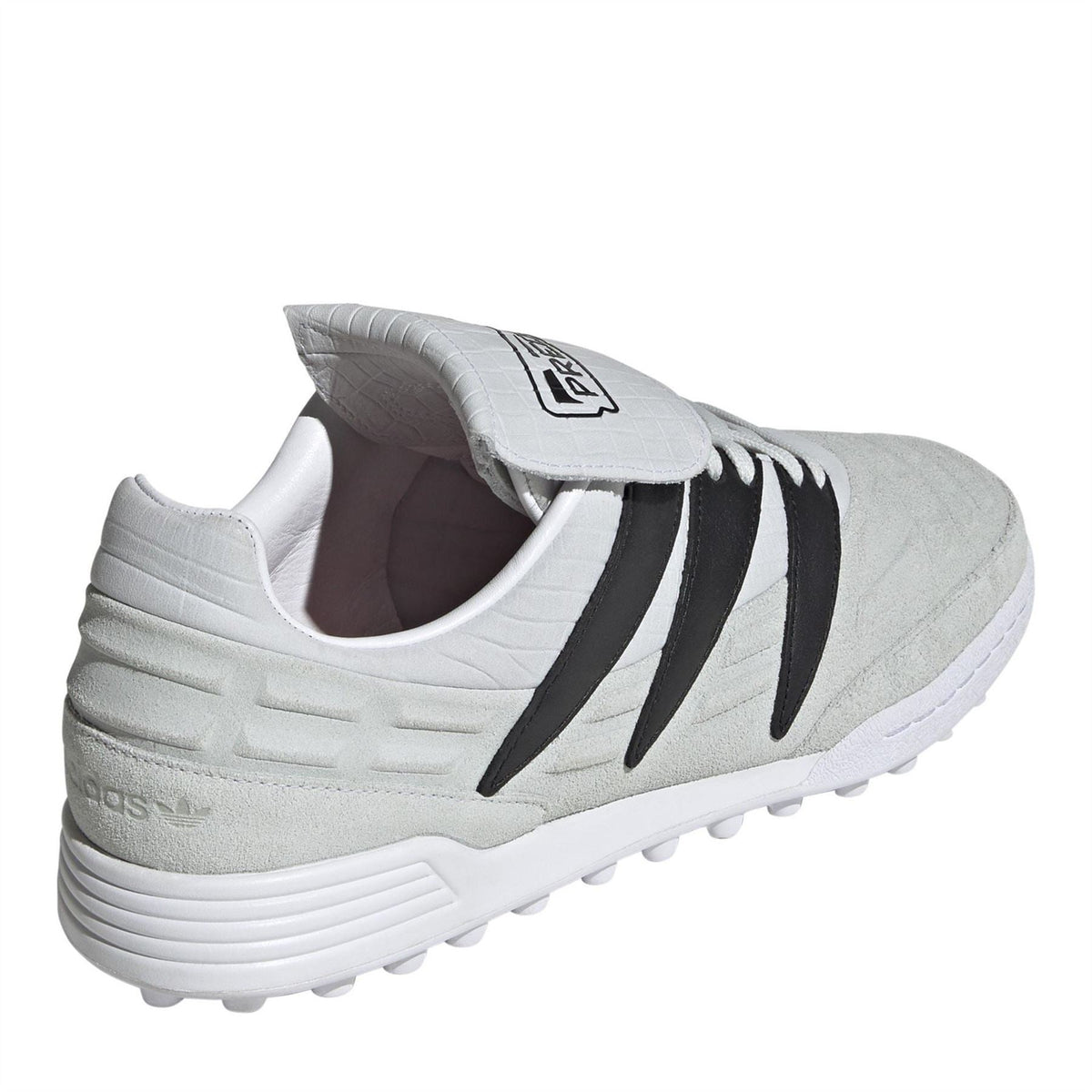 adidas Predator 94 soccer cleat heel view, white upper with black stripes and cushioned collar