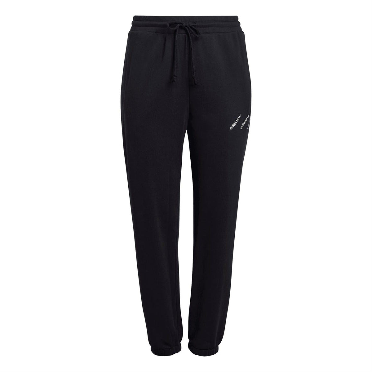 Black drawstring track sweatpants with tapered legs and adidas Originals logo