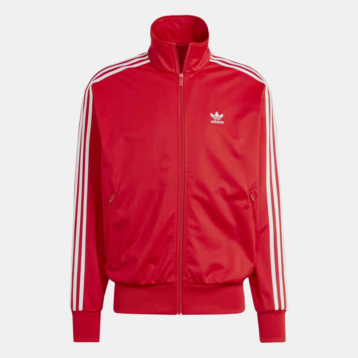 Red adidas track top with white sleeve stripes, high neck, full front zipper.