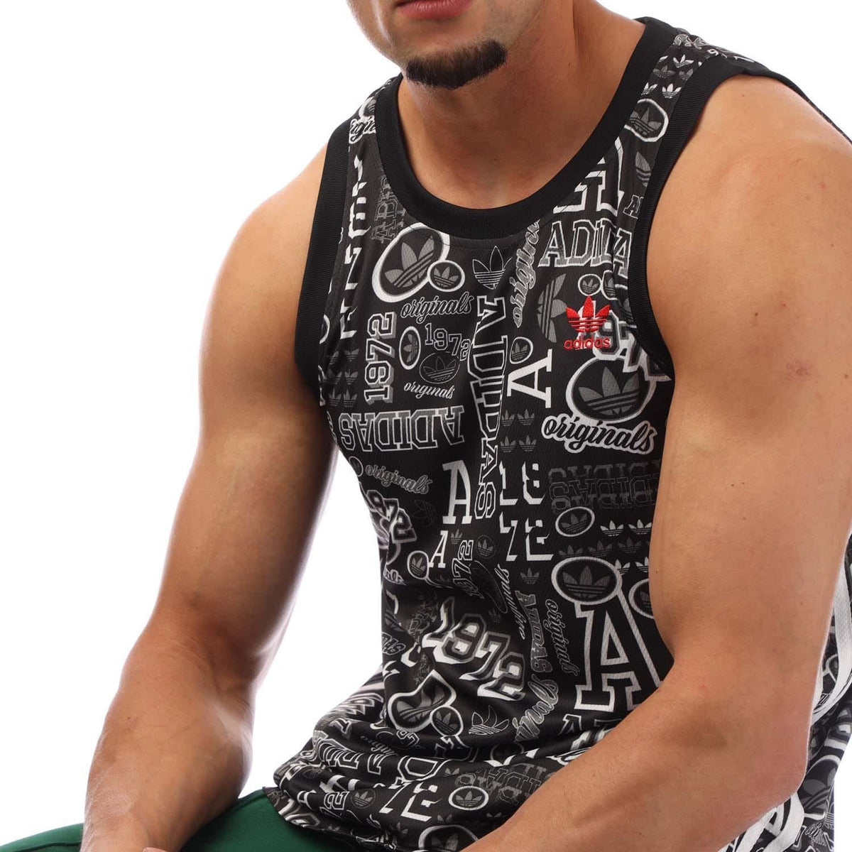 Black tank top with large white adidas Originals-style graphic on chest