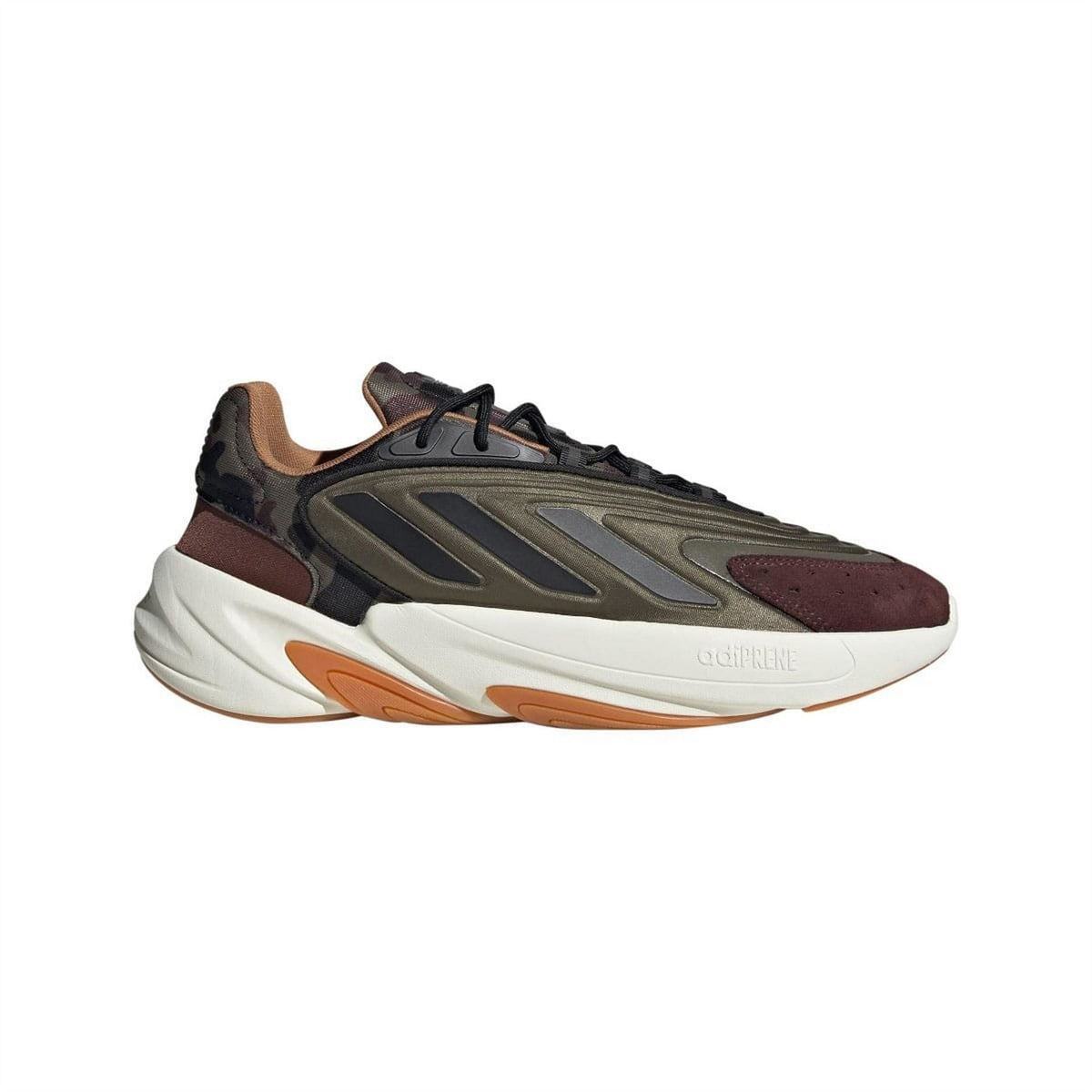 Men's low-top trainers in olive, burgundy and black with lace-up design
