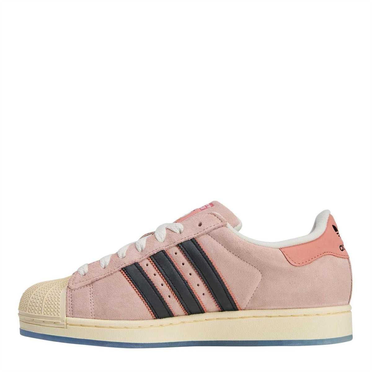 Pink low-top sneakers with black three stripes, beige collar, white laces