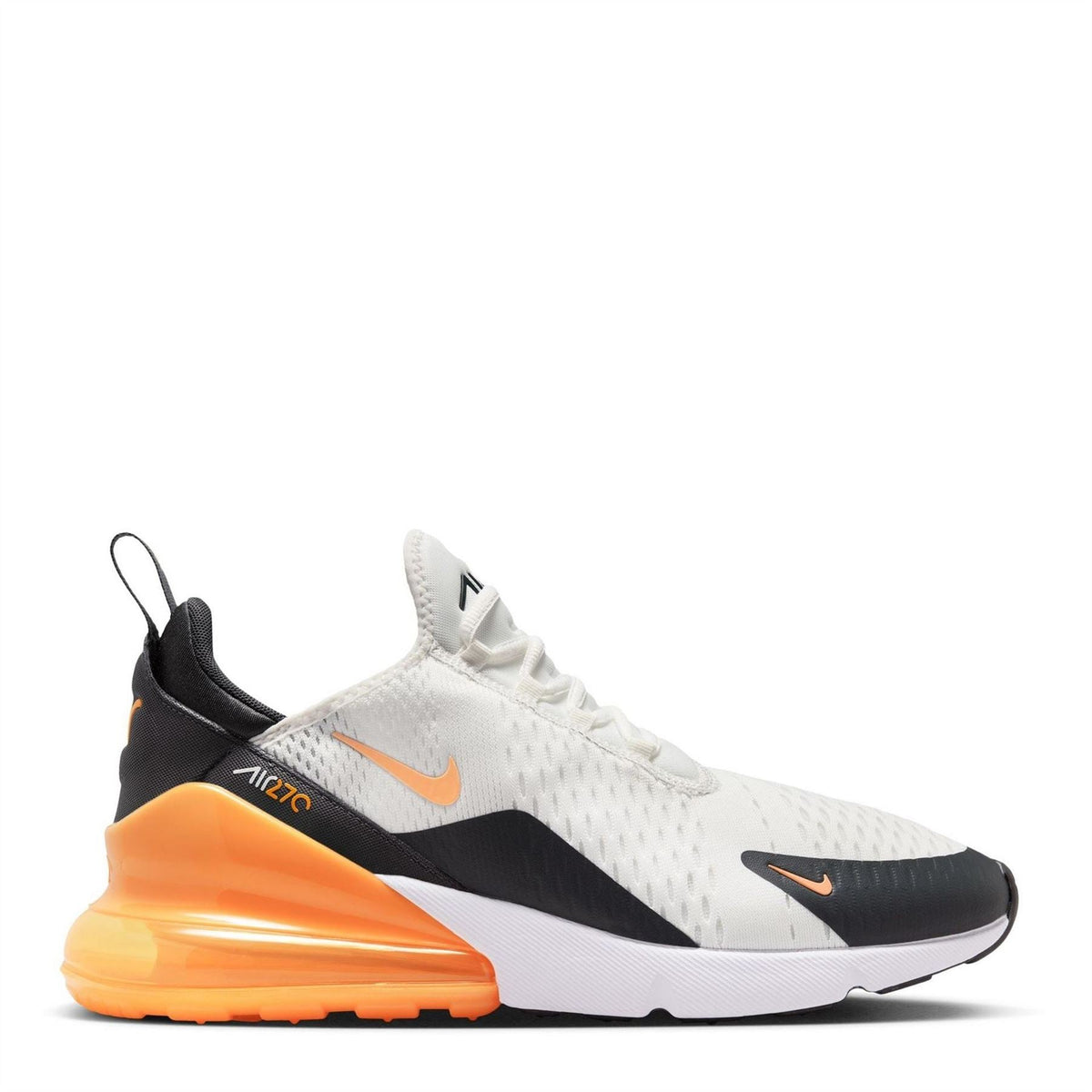 Nike Air Max 270 trainers, white upper with black panels and orange midsole