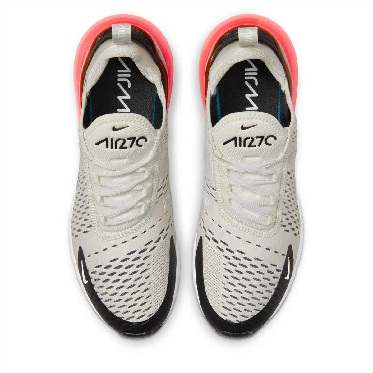 Top view of Air Max 270 sneakers in off-white with black toe and red air sole