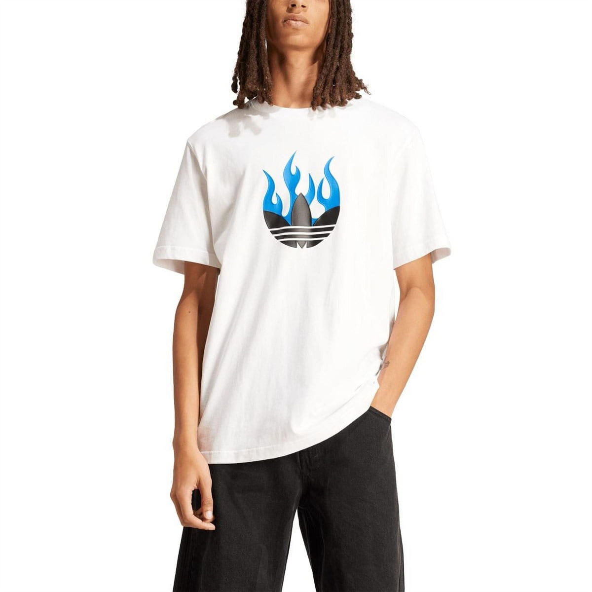 White T-shirt with blue flame logo graphic at center front, short sleeves