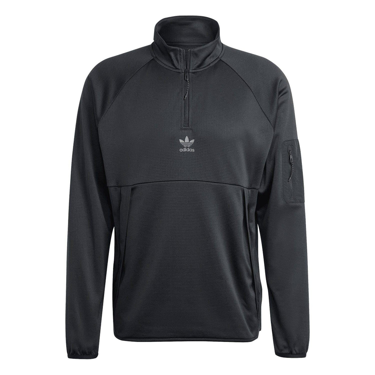 Black quarter-zip pullover with adidas chest logo and sleeve pocket