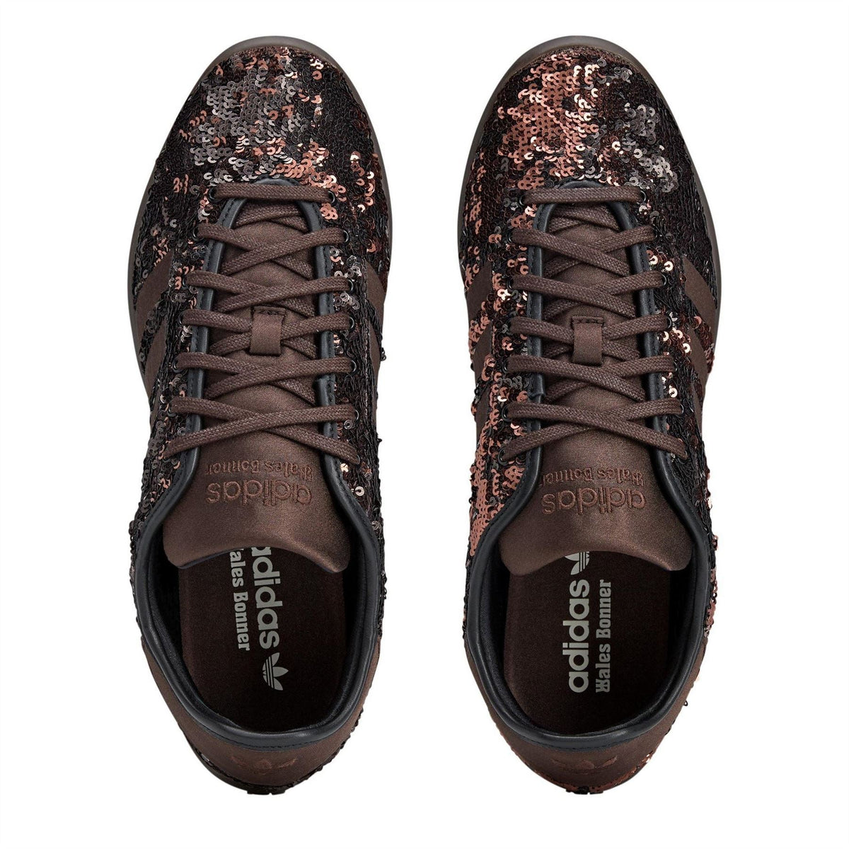 Front view of sequin low-top sneakers with brown laces and adidas logo on tongue