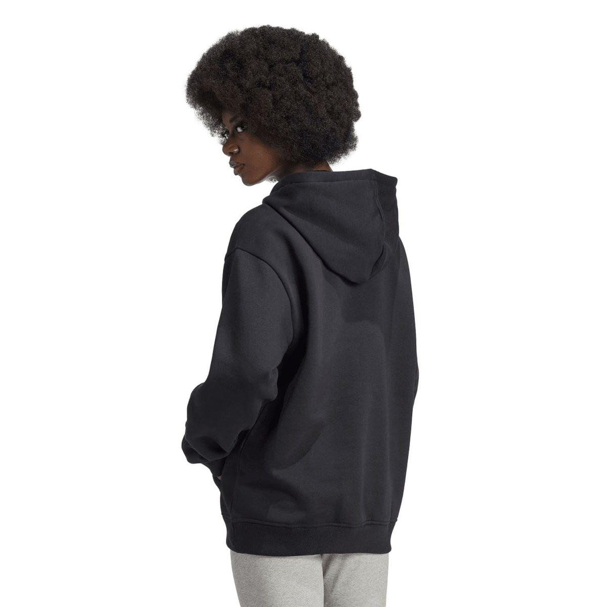 Black full-zip hoodie, hood up, long sleeves, kangaroo pocket, rear side view