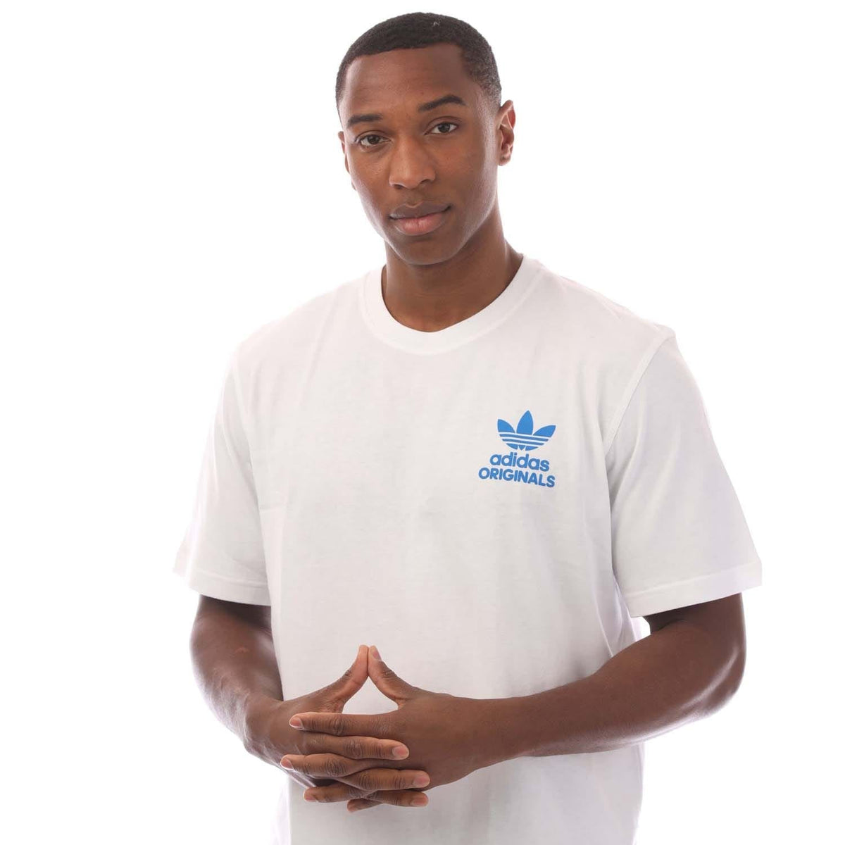 White adidas Originals T-shirt with blue adidas Originals logo on the chest