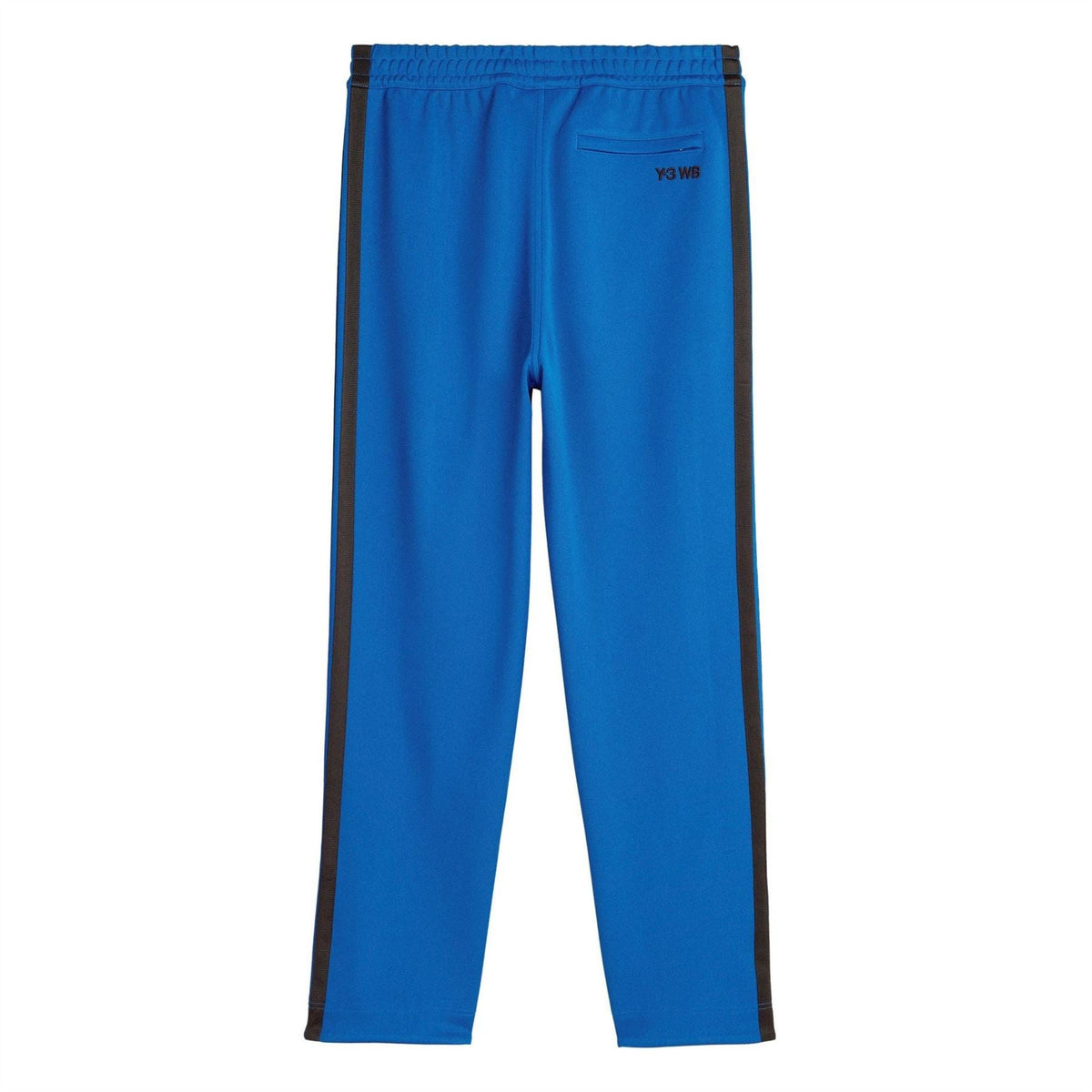 Men's blue track pants with dark side stripes and 'Y3 WB' logo on thigh