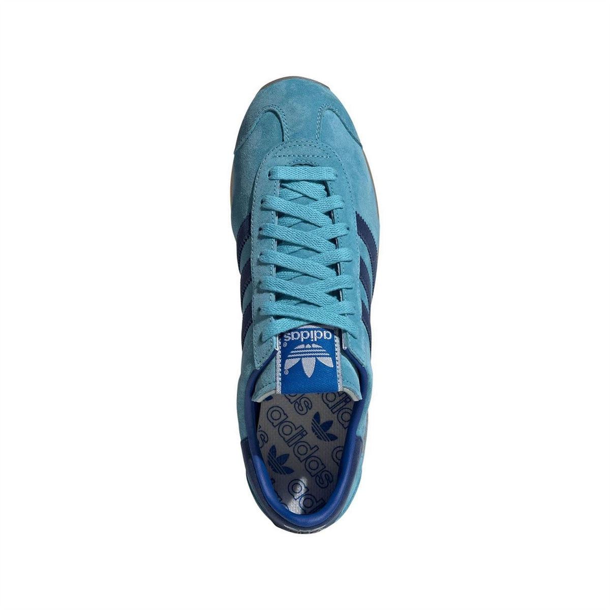 Blue adidas trainers heel and laces, with adidas logo on the tongue and lining