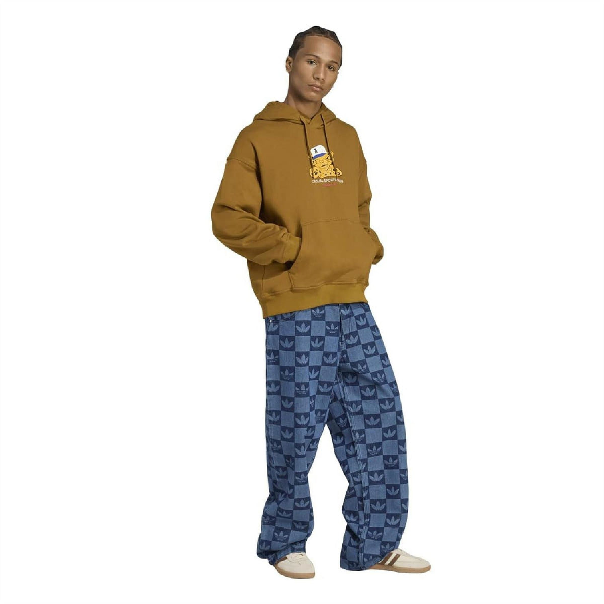 Bronze hooded graphic sweatshirt with kangaroo pocket and front emblem