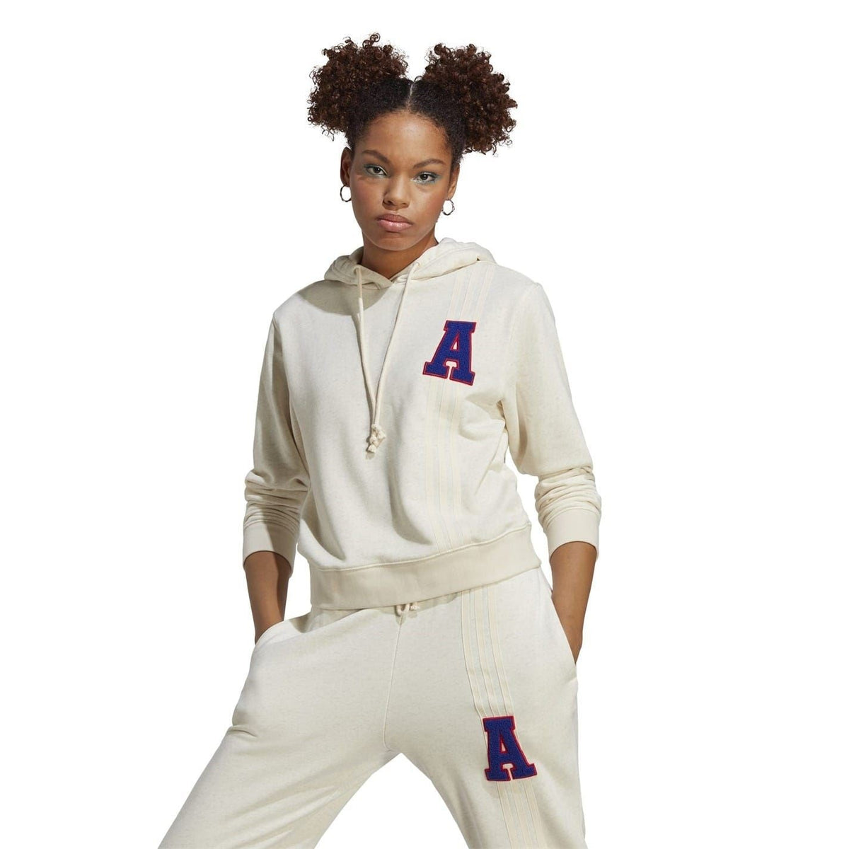 adidas Originals hooded sweatshirt with front A lettering patch, light cream