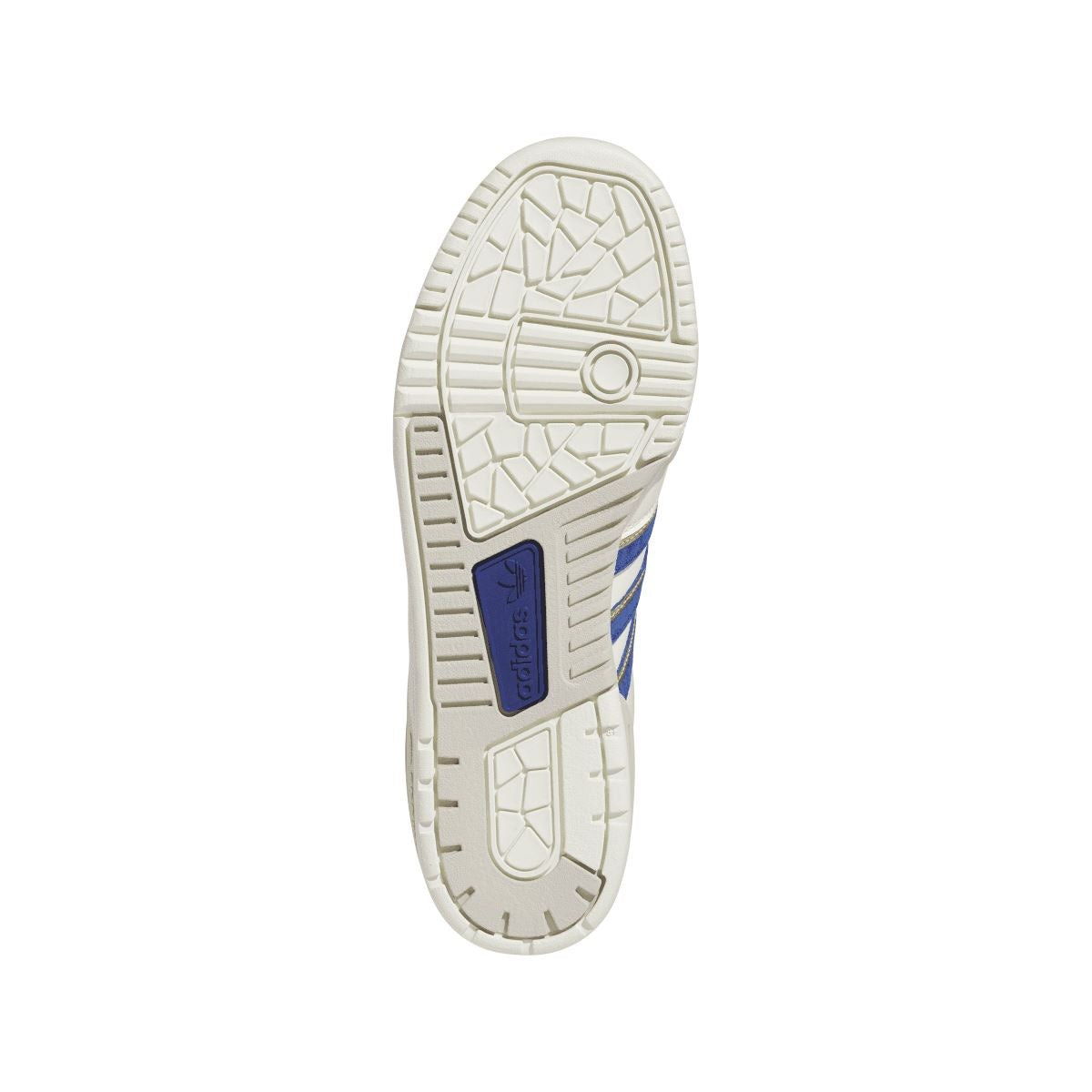 adidas Rivalry 86 low-top trainers outsole view, white rubber tread with blue heel patch