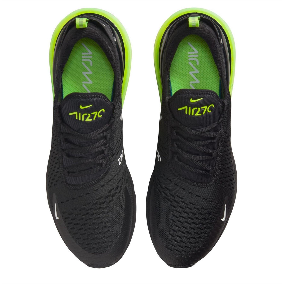 Nike Air Max 270 trainers, black mesh with neon green collar and outsole
