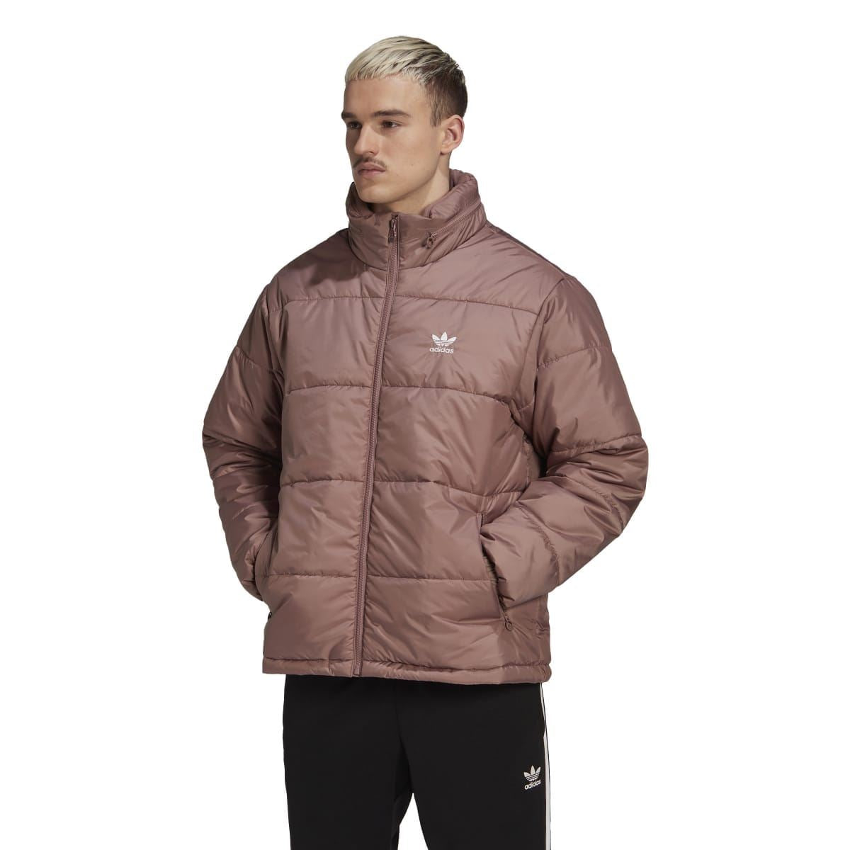 Burgundy padded puffer jacket with stand collar, full-zip, and Adidas trefoil