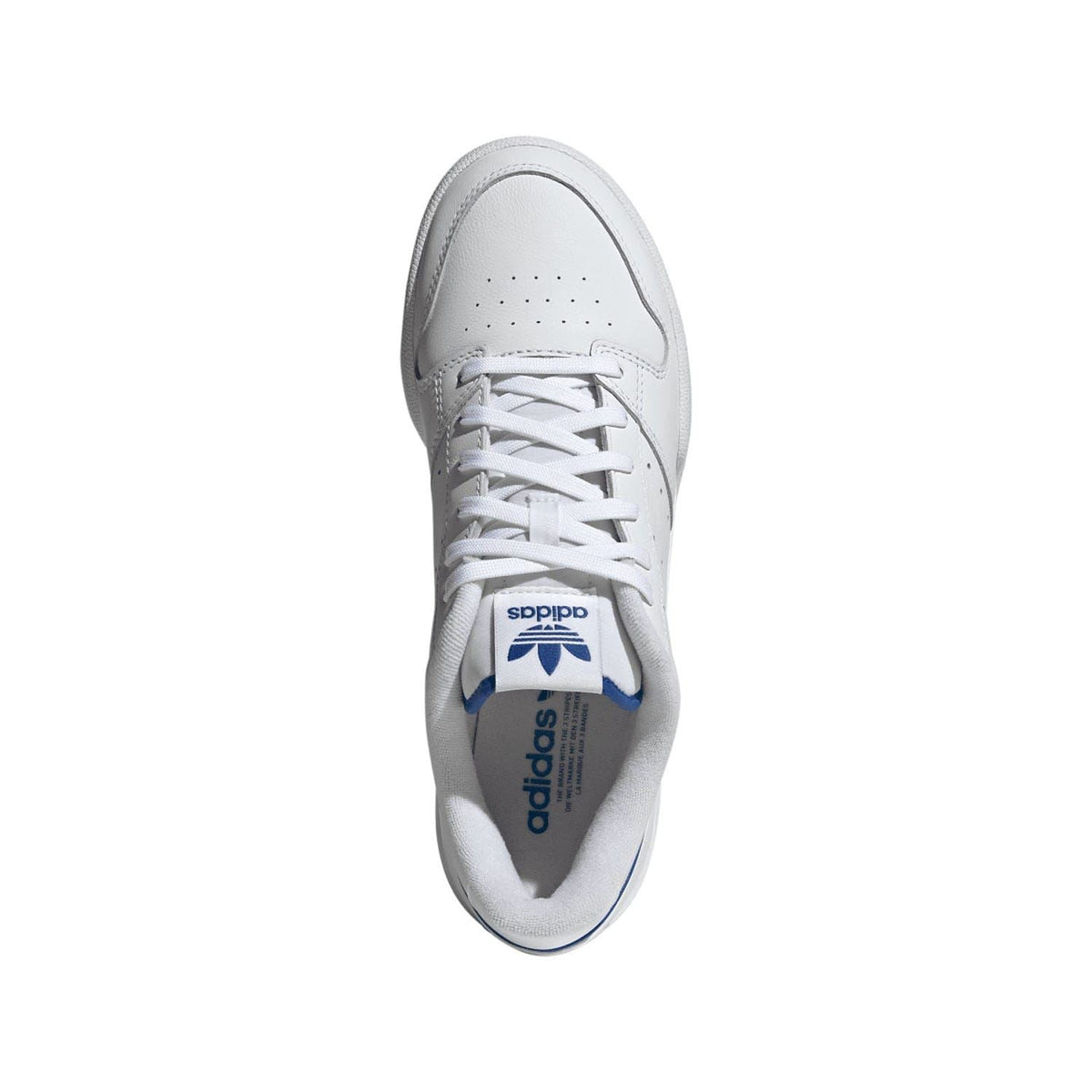 White lace-up sneaker with perforated toe and adidas logo on the tongue.