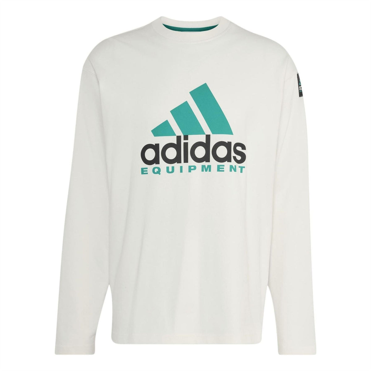 Off-white long-sleeve top with teal adidas Equipment logo on chest
