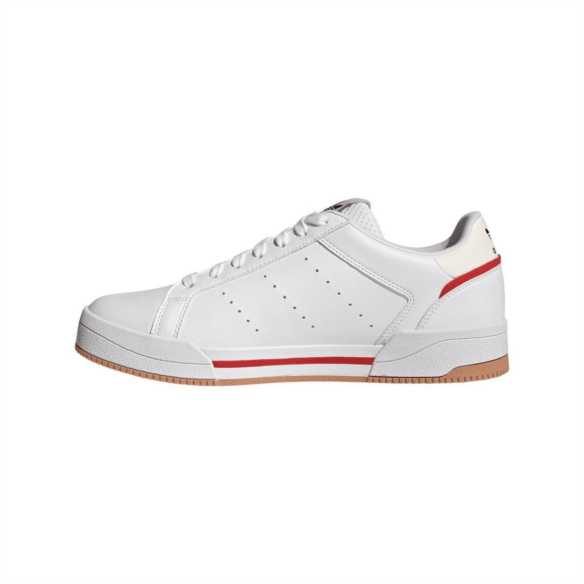 White adidas Tourino low-top trainers with perforated panels and red stripe detail