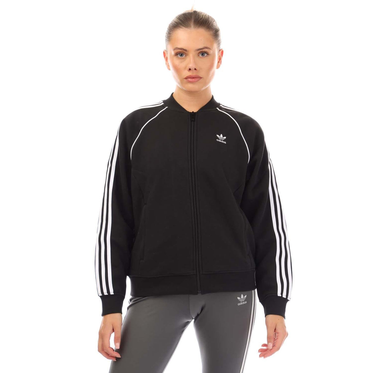 Black fleece bomber jacket with full zip, stand collar, chest logo, and 3-Stripes cuffs