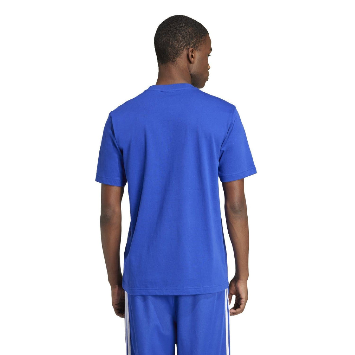 Blue crew-neck t-shirt back view, plain design with no visible graphics