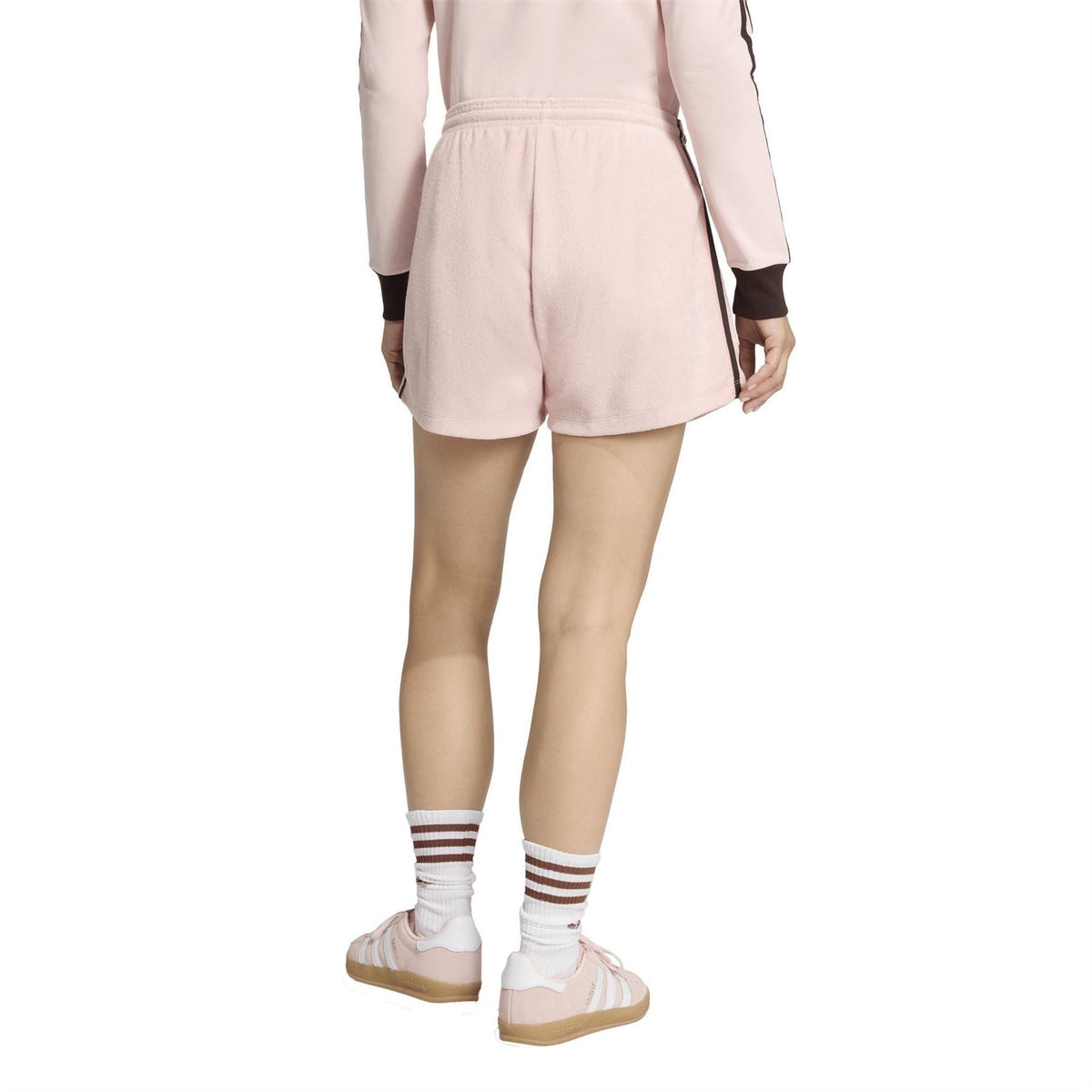 Sandy pink women's terry towel Firebird shorts, elastic waist and drawstring detail