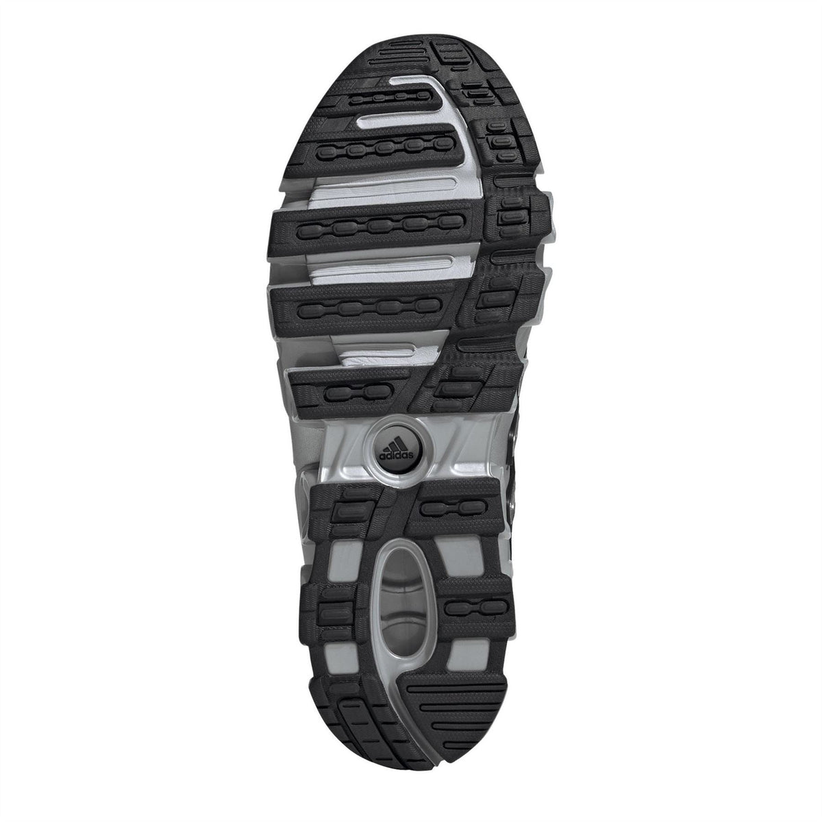 Black and gray outsole tread of lace-up sneaker with durable rubber traction