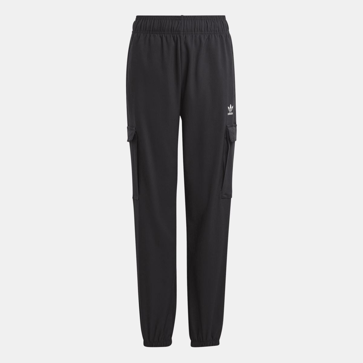 Black kids cargo jogger trousers with elastic waist, side cargo pockets, and tapered cuffs