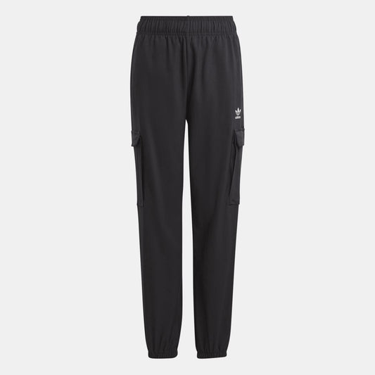 Black kids cargo jogger trousers with elastic waist, side cargo pockets, and tapered cuffs