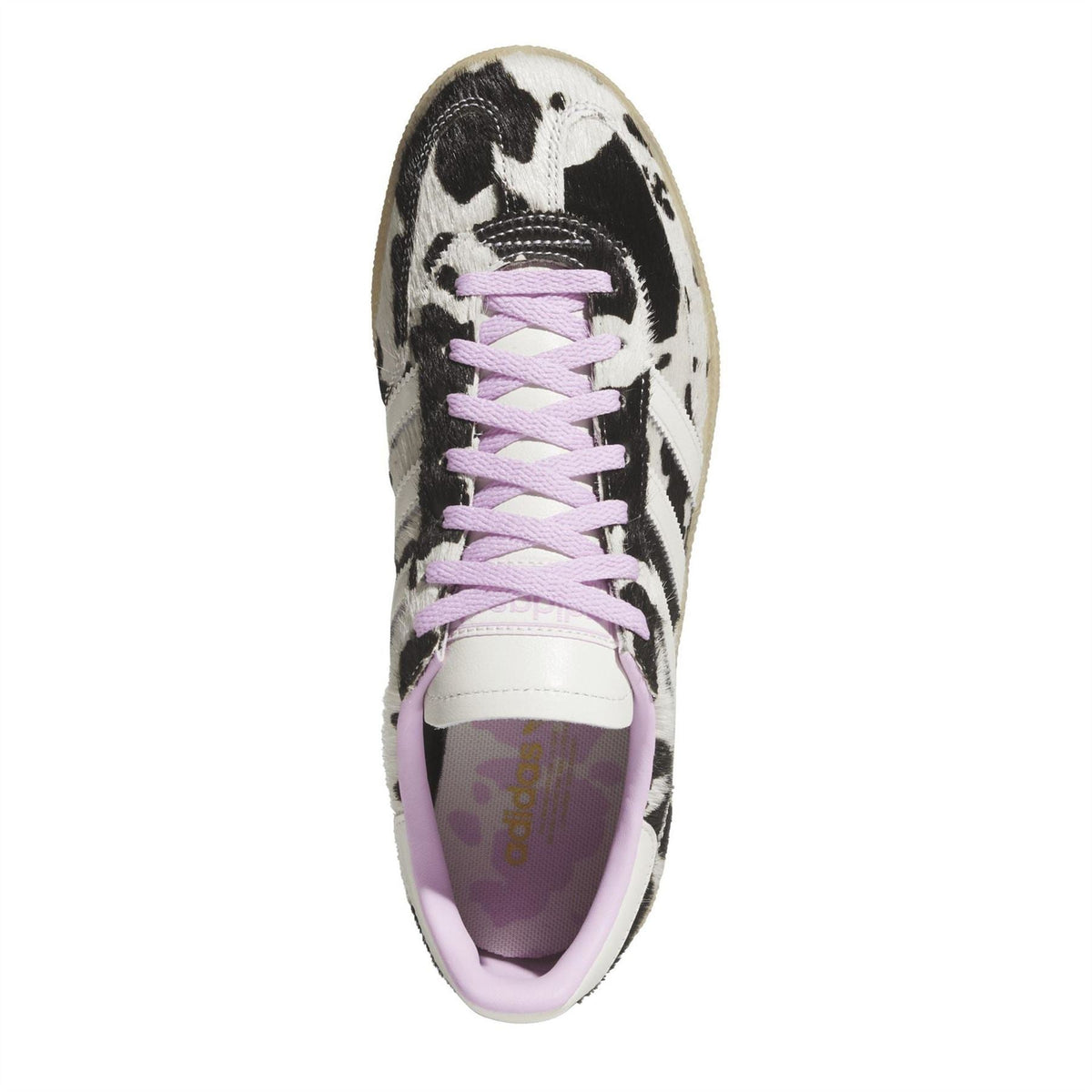 Handball Spezial sneakers, top view, purple lace-up with cow-print upper