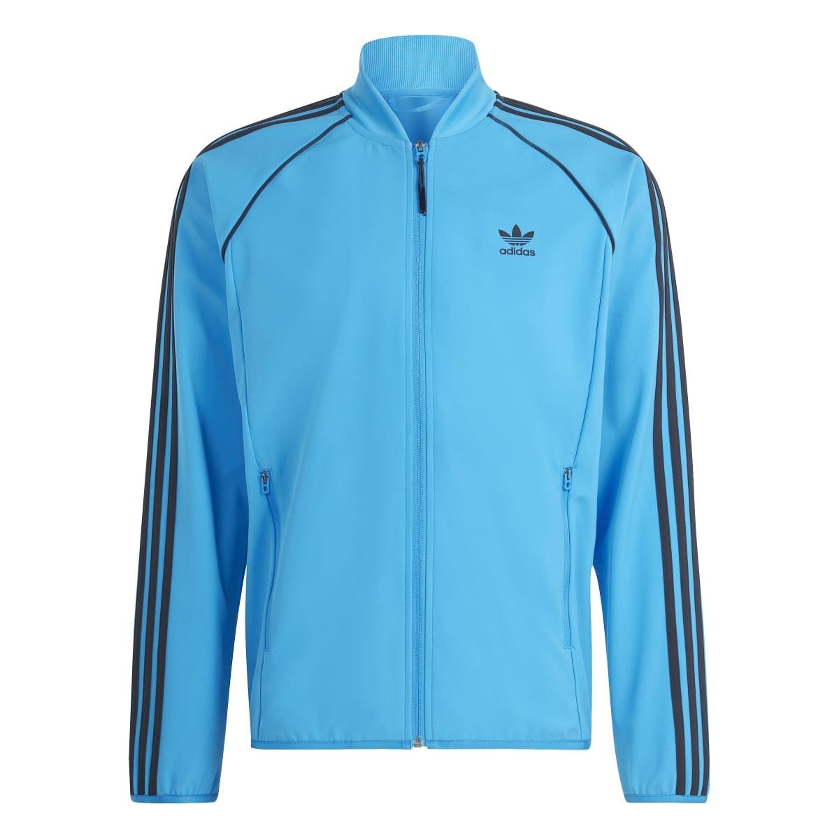 Blue adidas track jacket with full zip, high neck, and black triple stripe sleeves
