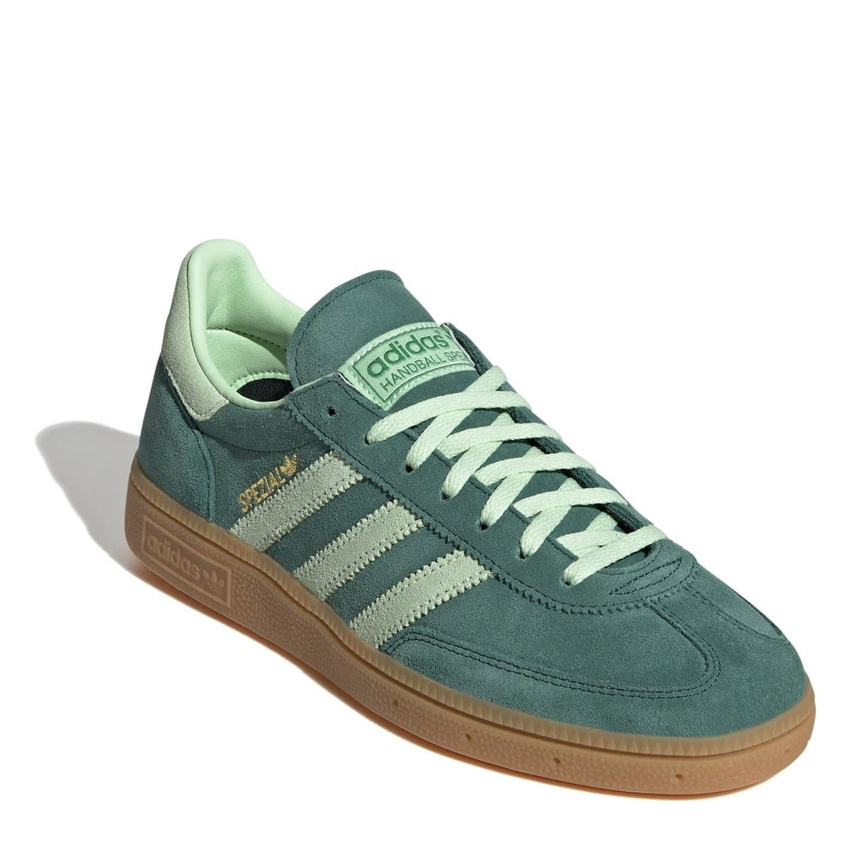 Green suede low-top sneakers with mint stripes, lace-up front, logo on tongue