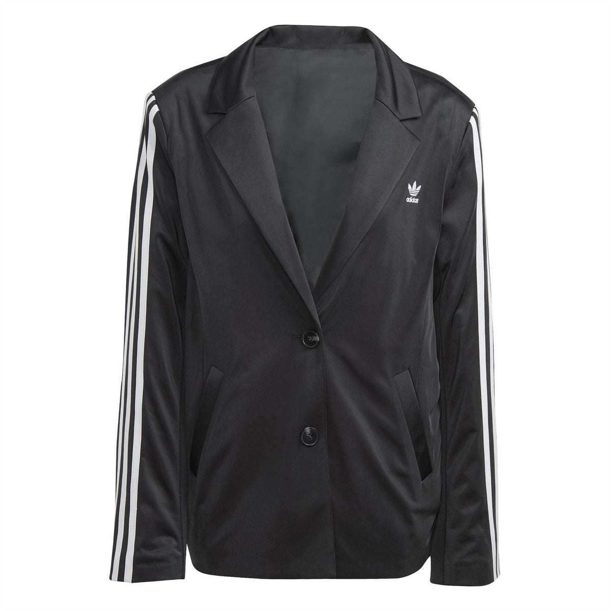 adidas Originals 3s Blazer coat in black with hood, front zipper, and side pockets, casual jacket for men.
