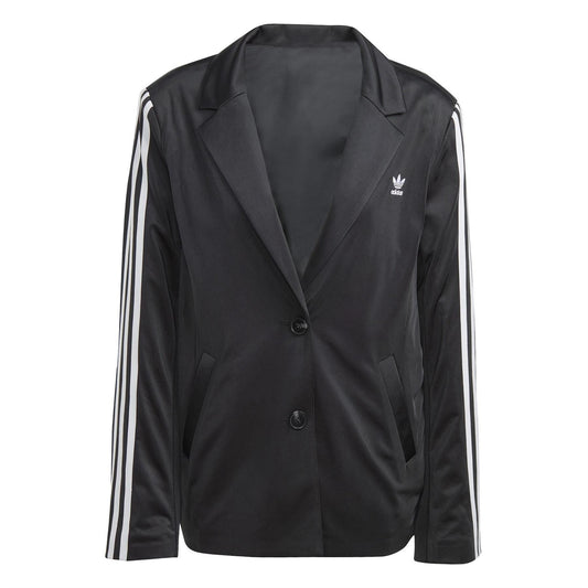 adidas Originals 3s Blazer coat in black with hood, front zipper, and side pockets, casual jacket for men.