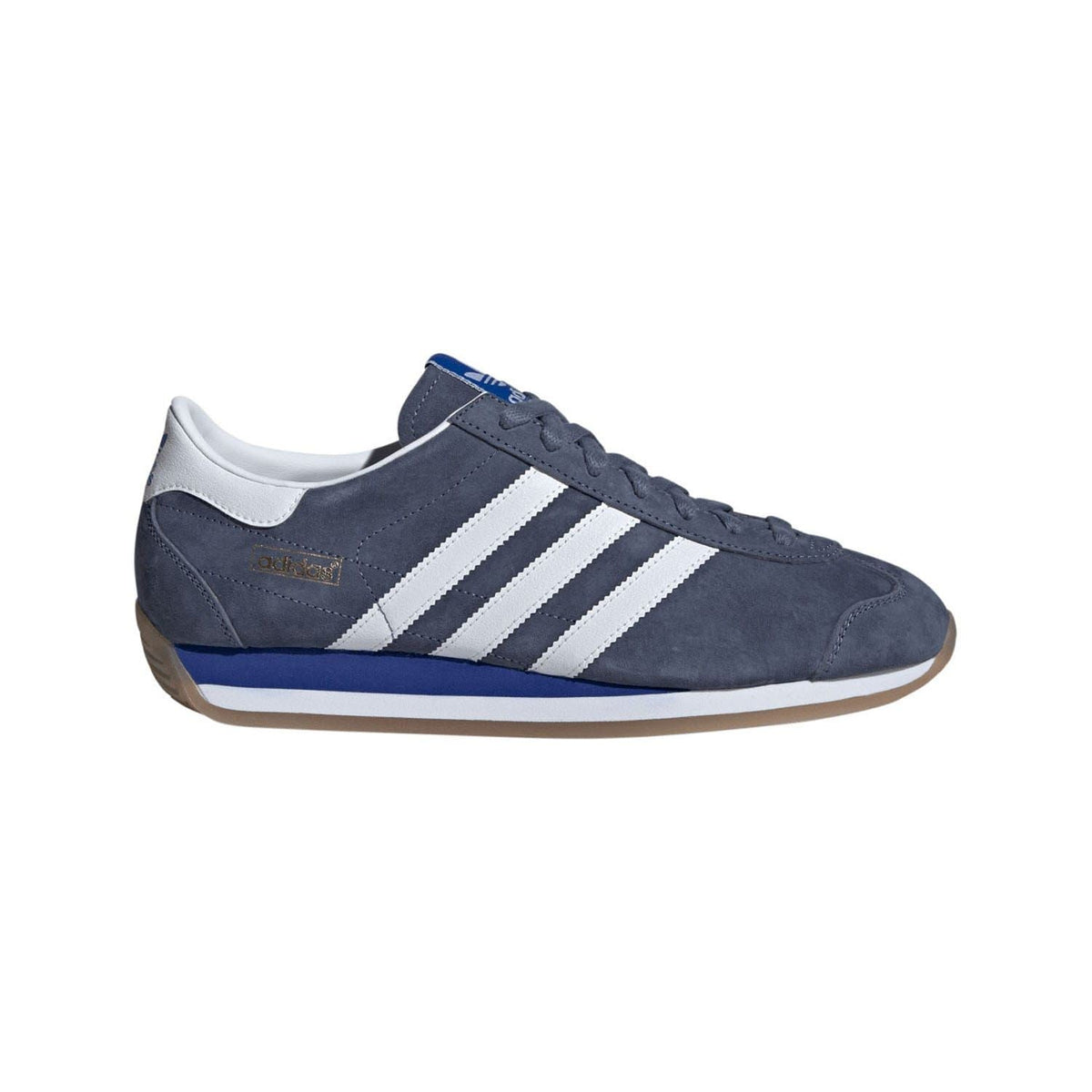 Navy suede trainers with white adidas three stripes, lace-up front and gum sole