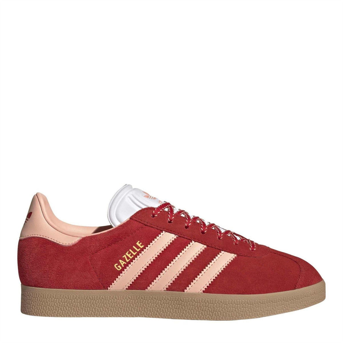 Red suede Gazelle trainers with white 3-Stripes, red laces, and tan gum sole