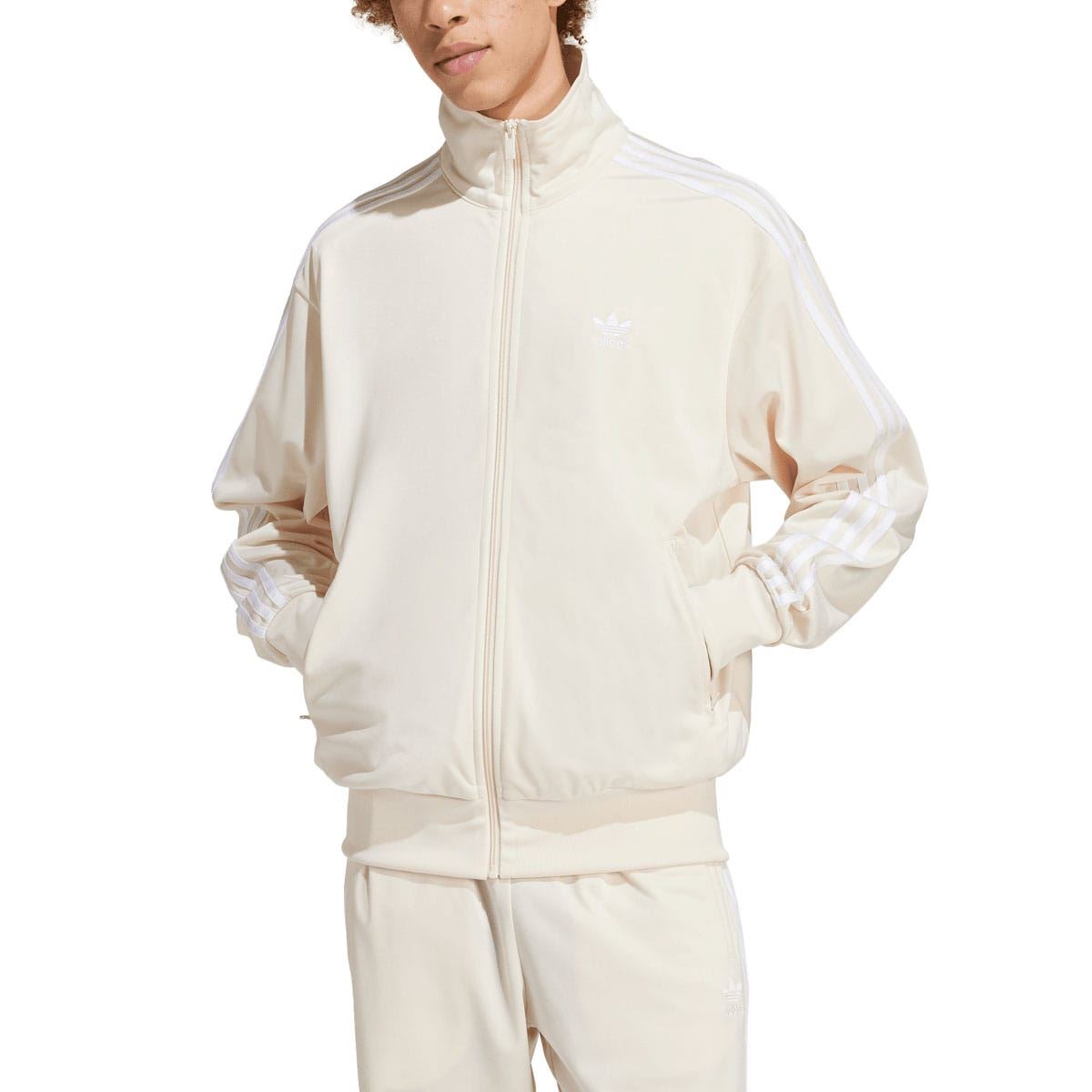 adidas Originals white track top with zip front, ribbed cuffs, and logo