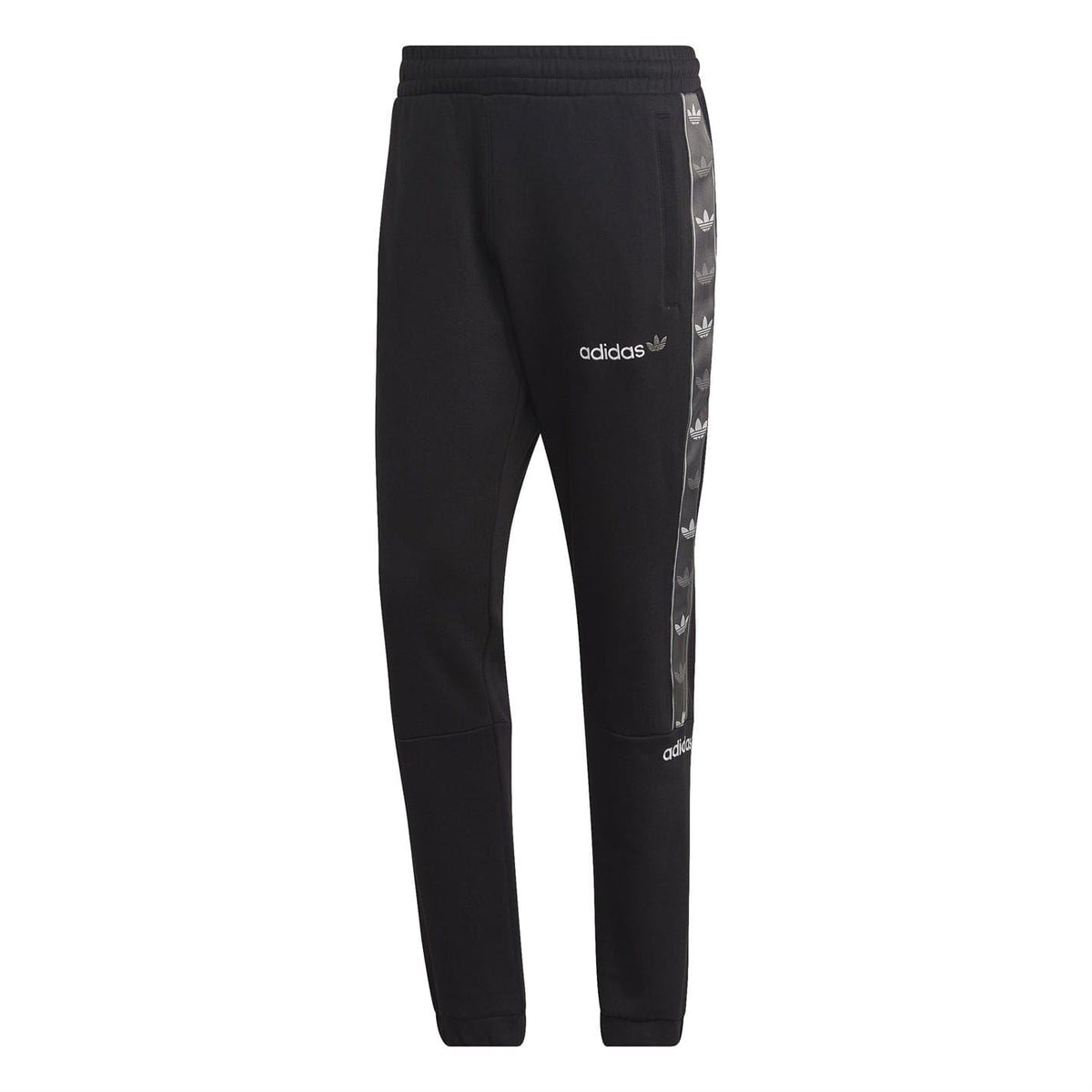 adidas Originals black fleece joggers with contrast side tape and cuffed hems