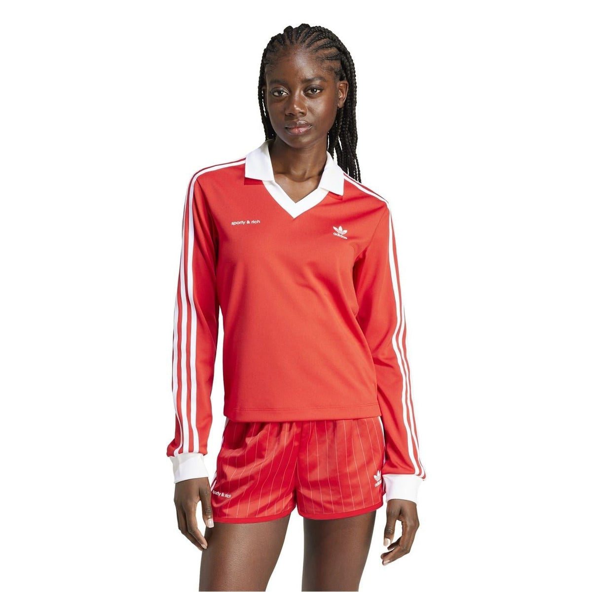 adidas Originals red long-sleeve V-neck polo with white collar and sleeve stripes