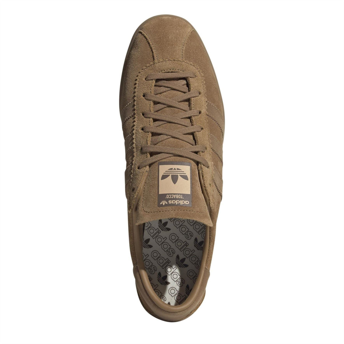 Brown suede low-top lace-up sneakers with three-stripe branding