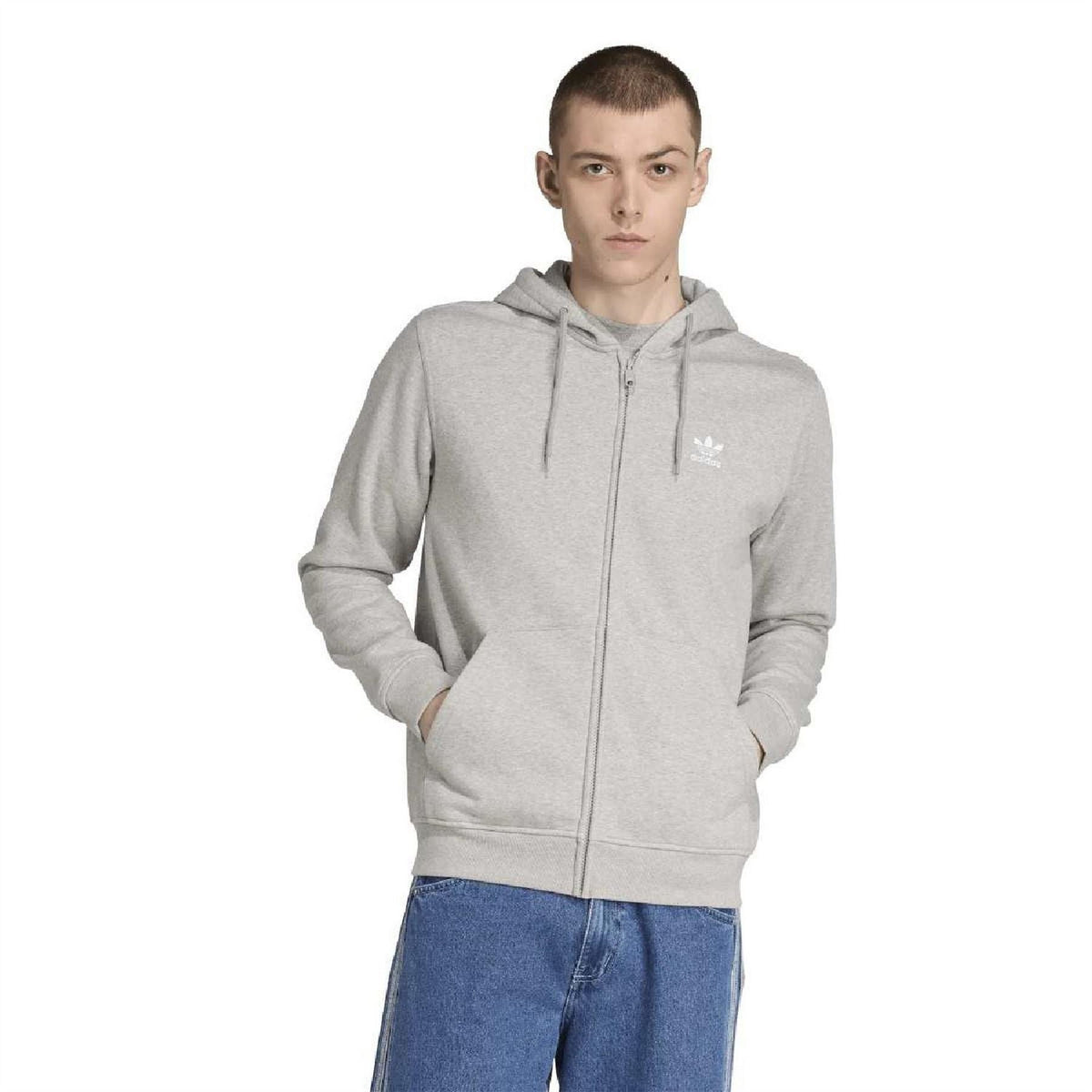 Trefoil zip-up hoodie in light grey with drawstring hood and kangaroo pocket
