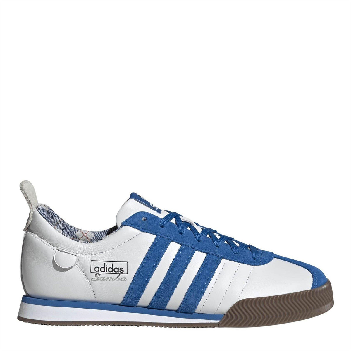 adidas Samba 62 low-top lace-up sneakers, white and blue striped panels with gum sole