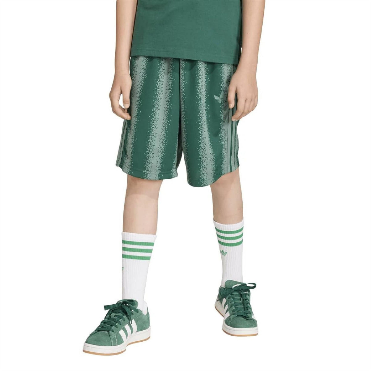 Green speckle-print kids' shorts with elastic waistband, knee length
