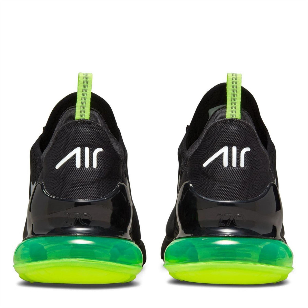 Nike Air Max 270 trainers, black with neon green heel tabs and rear air unit